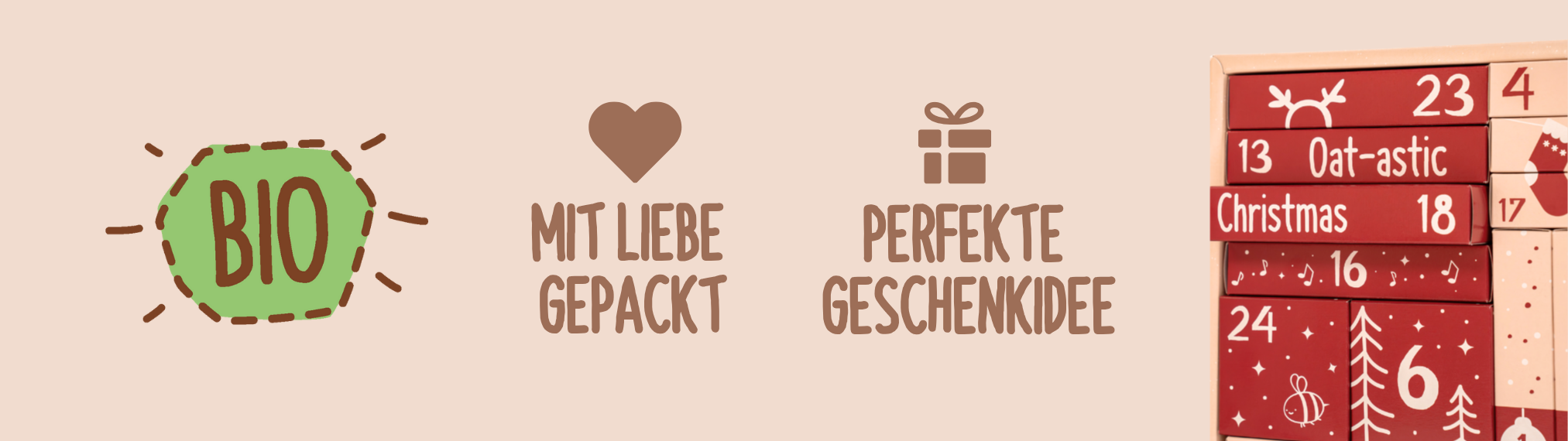 Adventskalender Icons: Bio, Mit Liebe gepackt, perfekte Geschenkidee